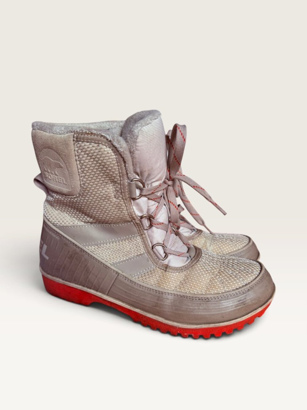SOREL Beige Tan Waterproof Snow Boots Coral Red Sole Fleece Lined Size 10.5